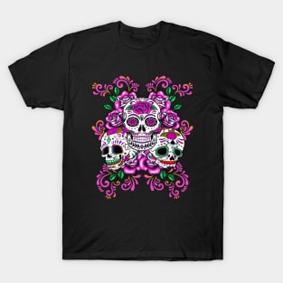 Triple Skull Pink Floral Day Of The Dead Sugar Skulls T-Shirt